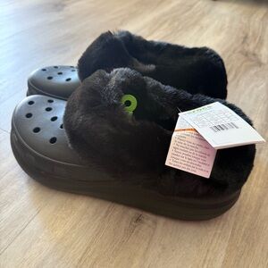 CROCS Fuzzy Black Clogs with Green Detail
